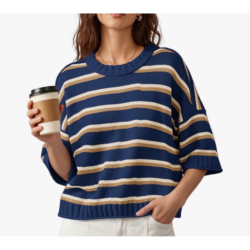 Nirovien Women's Dark Blue/Beige Striped Knit Sweater Short Sleeve Medium NWT